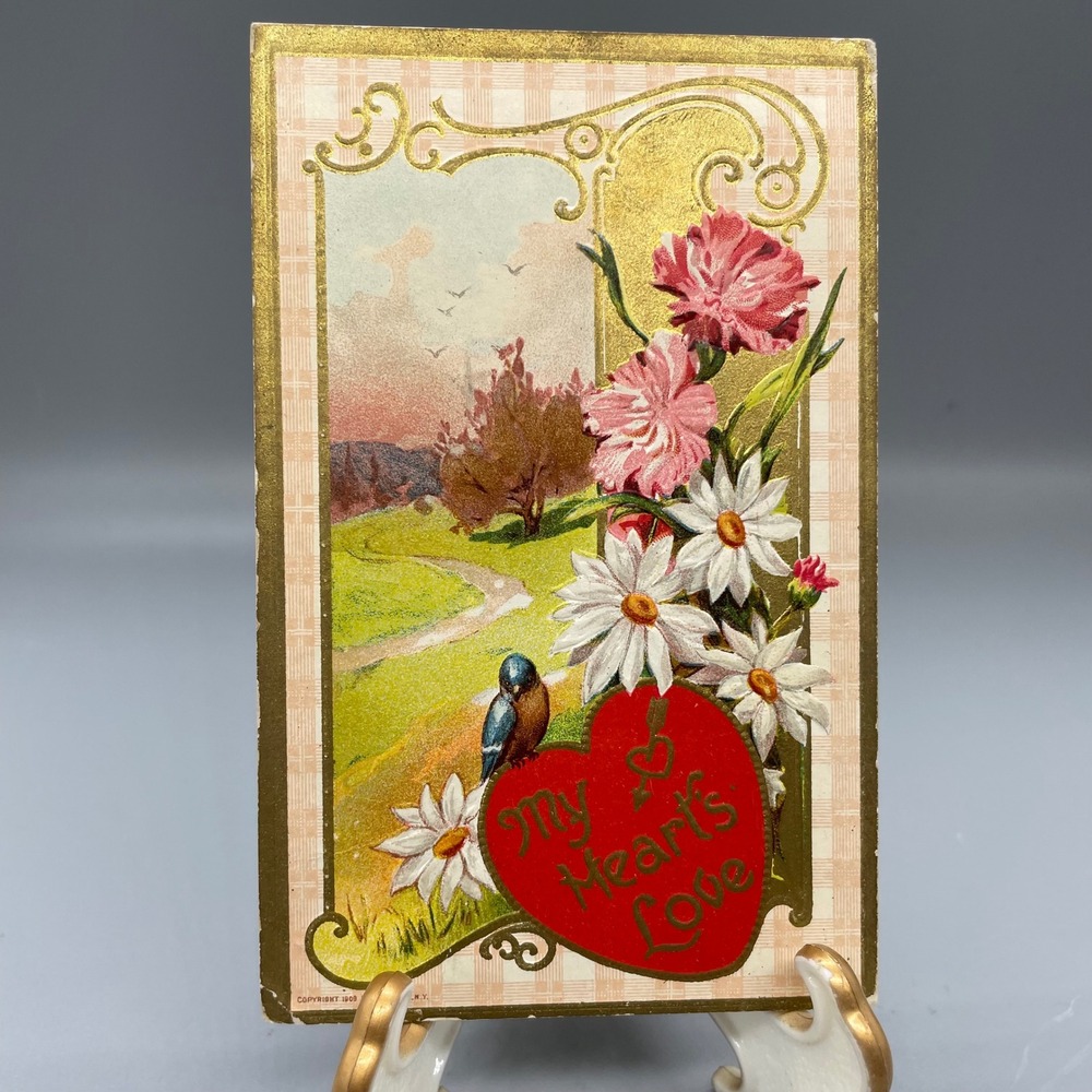 Antique 1910 Valentine Postcard My Heart's‎ Love Bluebird Flowers Embossed Gold